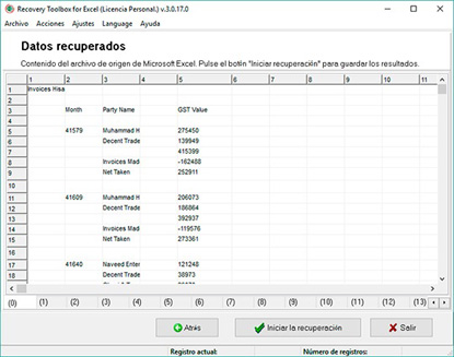 Visualización de la información que recuperó al reparar fichero xls