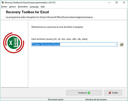 Sélection de la feuille de calcul Microsoft Excel endommagée