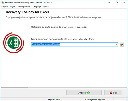 Selecionando uma planilha Microsoft Excel danificada
