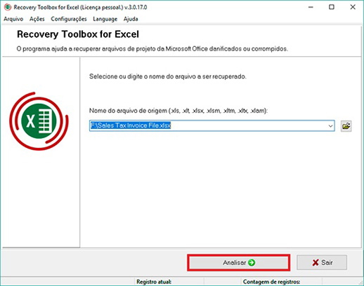 analisar arquivo corrompido do excel